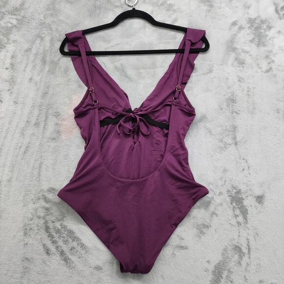 BECCA Swimsuit Size S Purple Socialite Ruffle One-Piece Plunge V-Neck Backless - Picture 2 of 12